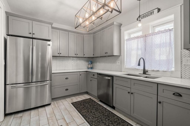 120 Fulton St, Lowell, MA 01850 - kitchen with appliances with stainless steel finishes, gray cabinets, a sink, and decorative backsplash