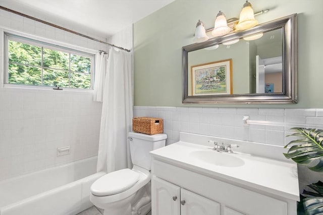 21 Studio Rd, Newton, MA 02466 - bathroom with tile walls, vanity, toilet, shower / tub combo with curtain, and a wainscoted wall