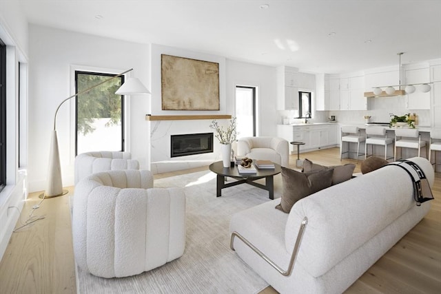 living room with light hardwood / wood-style flooring, a premium fireplace, and sink