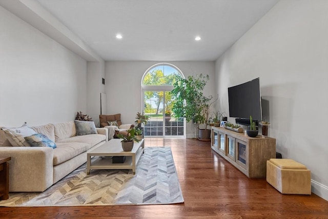 living room with recessed lighting and wood finished floors