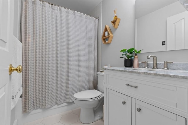bathroom featuring toilet, tile patterned flooring, vanity, and shower / tub combo with curtain