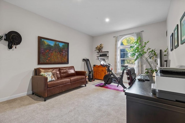 carpeted office space featuring baseboards and recessed lighting