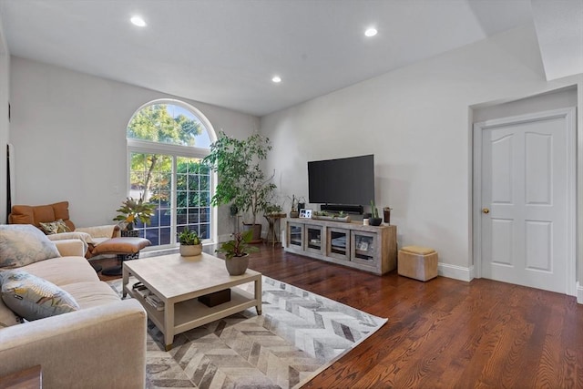 living room featuring wood finished floors, baseboards, and recessed lighting