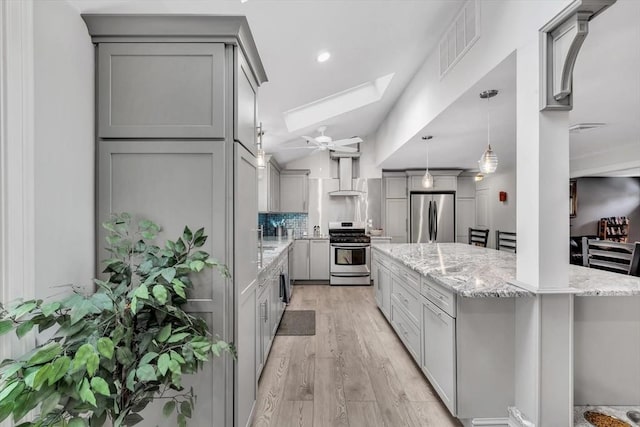 kitchen featuring gray cabinetry, appliances with stainless steel finishes, tasteful backsplash, and wall chimney range hood