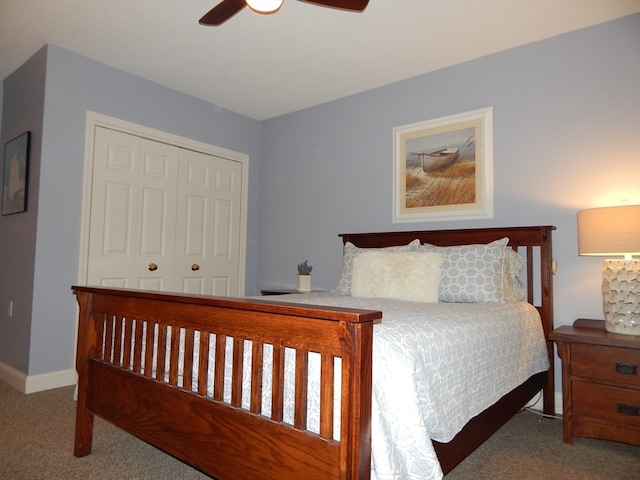 bedroom with a closet, carpet, and ceiling fan