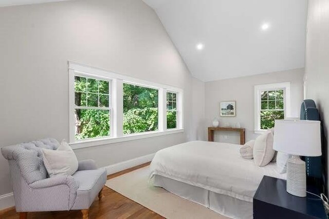 6 Ivy Cir, Winchester, MA 01890 - bedroom featuring high vaulted ceiling, wood finished floors, and recessed lighting