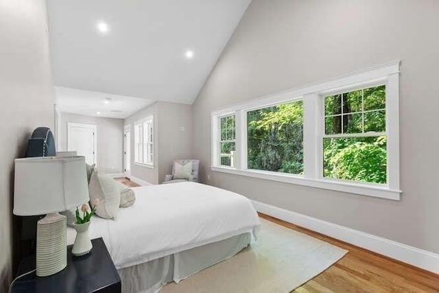 6 Ivy Cir, Winchester, MA 01890 - bedroom with high vaulted ceiling, wood finished floors, and recessed lighting