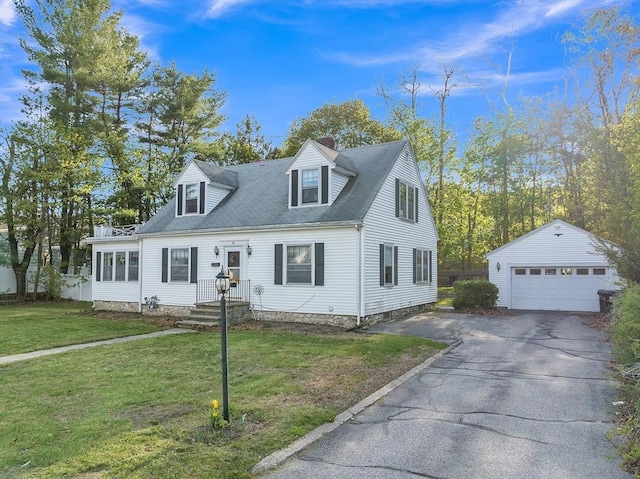 cape cod house with a detached garage, a chimney, an outdoor structure, and a front yard