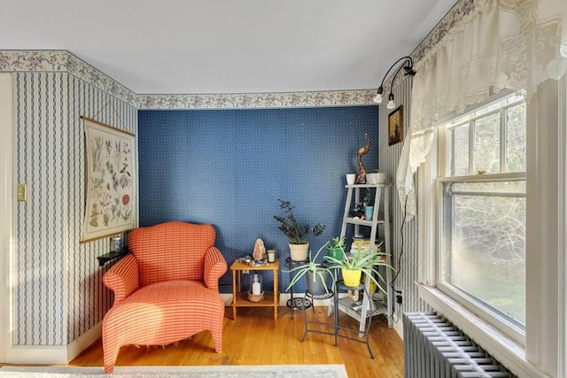 sitting room featuring radiator, wallpapered walls, and wood finished floors
