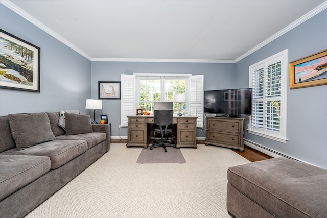 office space with crown molding and light colored carpet