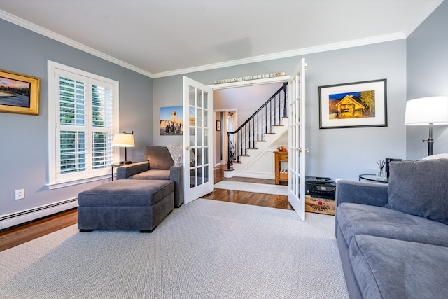 living room featuring french doors, crown molding, and wood-type flooring