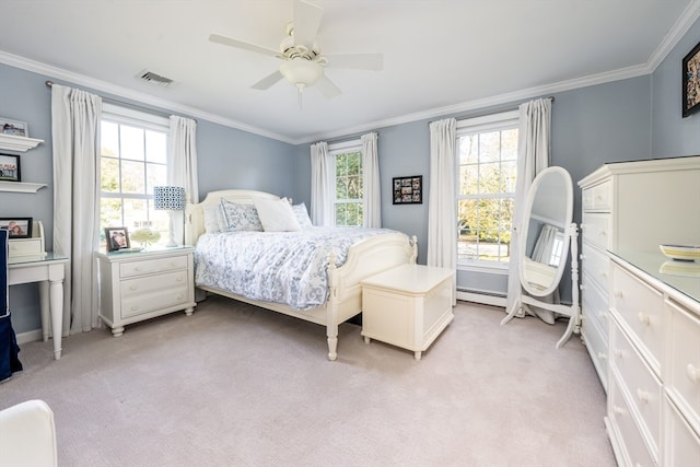 carpeted bedroom featuring multiple windows, ornamental molding, a baseboard heating unit, and ceiling fan