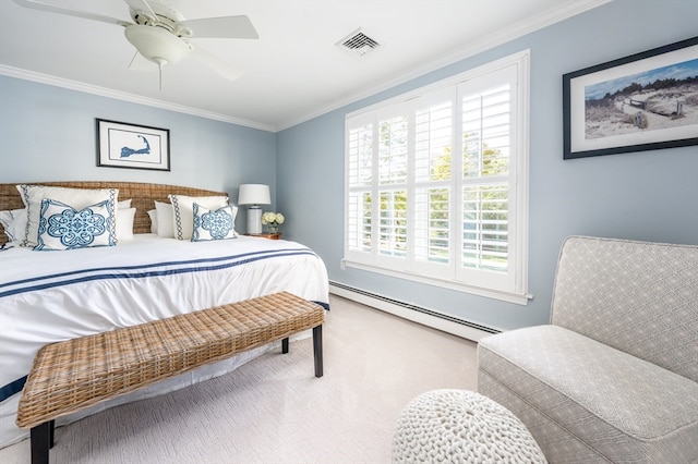 bedroom featuring ceiling fan, crown molding, a baseboard radiator, and carpet floors