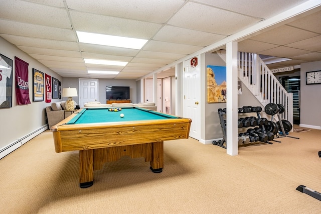 game room featuring billiards, a paneled ceiling, and carpet floors