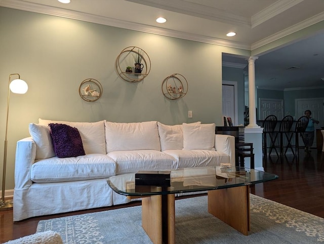 190 Chickering Rd Unit 313D, North Andover, MA 01845 - living room featuring decorative columns, wood finished floors, recessed lighting, and crown molding