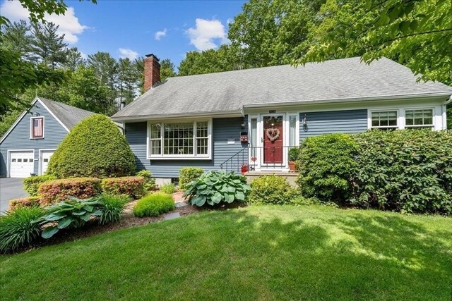 49 Karen Rd, Hanover, MA 02339 - view of front of house featuring a chimney, a garage, a front lawn, and roof with shingles
