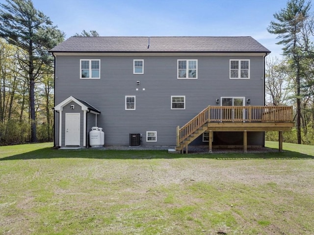 316 Old Westport Rd, Dartmouth, MA 02747 - back of property with central AC, a deck, stairs, and a yard