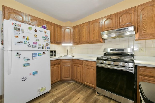 kitchen with appliances with stainless steel finishes, under cabinet range hood, a sink, light wood-type flooring, and light countertops