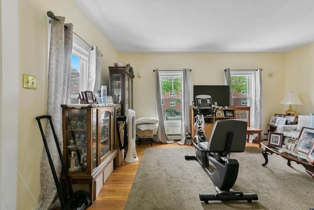 home office with wood finished floors and a baseboard radiator