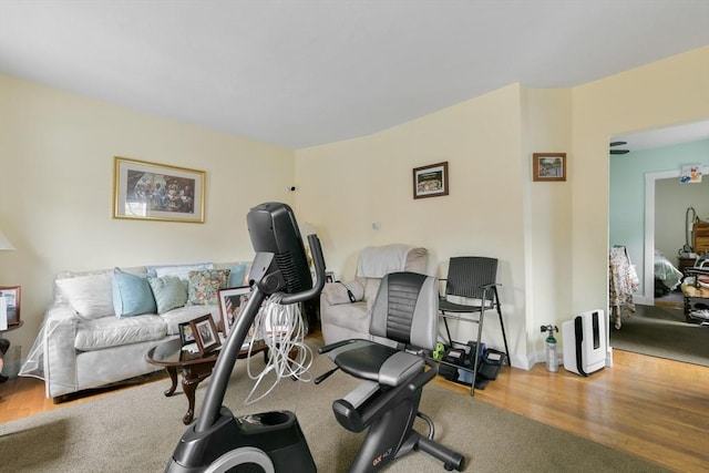 exercise room with wood finished floors