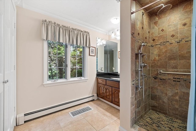 full bathroom featuring visible vents, tile patterned flooring, a shower stall, a baseboard heating unit, and ornamental molding