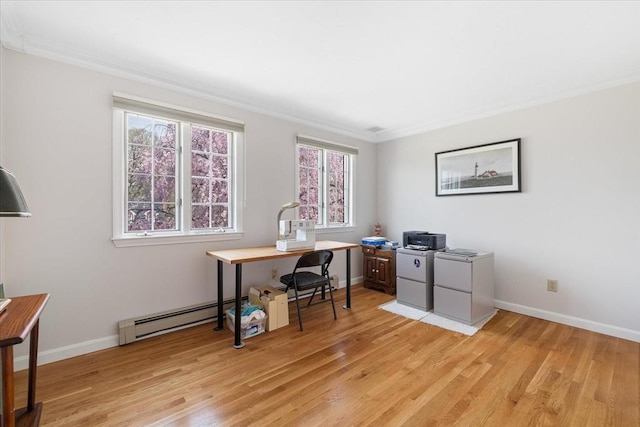 office area with baseboards, ornamental molding, light wood finished floors, and a baseboard radiator