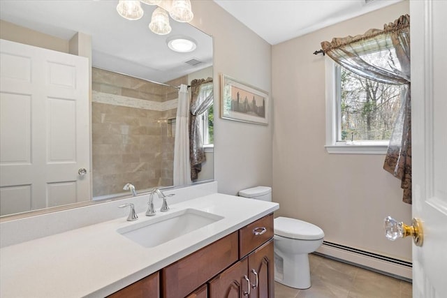 full bath featuring tile patterned flooring, plenty of natural light, a baseboard heating unit, and a shower with shower curtain