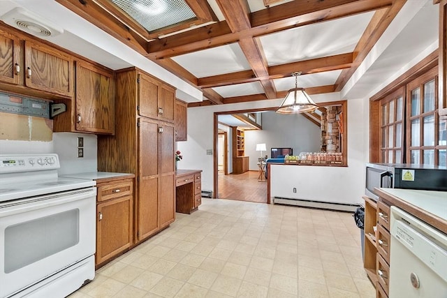 kitchen with a baseboard heating unit, white appliances, coffered ceiling, light countertops, and light floors