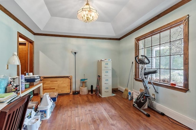 workout area with hardwood / wood-style floors, an inviting chandelier, a raised ceiling, and baseboards