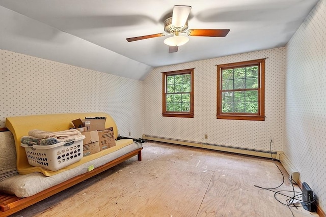 interior space with wallpapered walls, a baseboard radiator, vaulted ceiling, and a ceiling fan