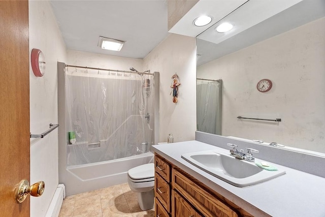 bathroom featuring a baseboard radiator, tile patterned flooring, toilet, vanity, and shower / bath combo with shower curtain