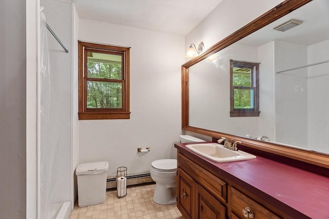 full bath featuring a wealth of natural light, visible vents, vanity, and toilet