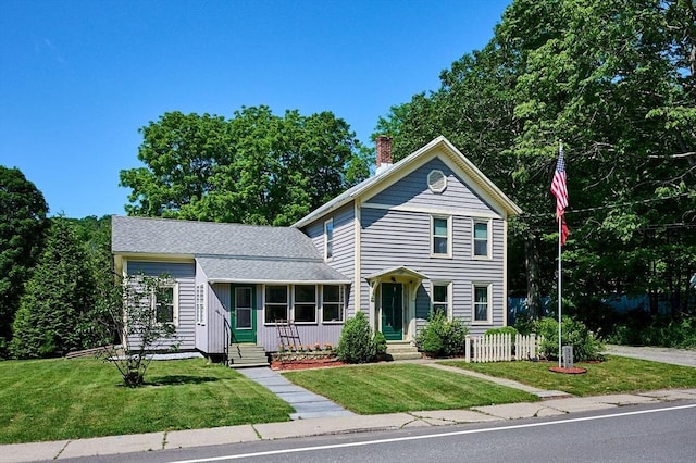 110 Middlefield Rd, Chester, MA 01011 - view of front of property featuring a chimney, a front yard, entry steps, and roof with shingles