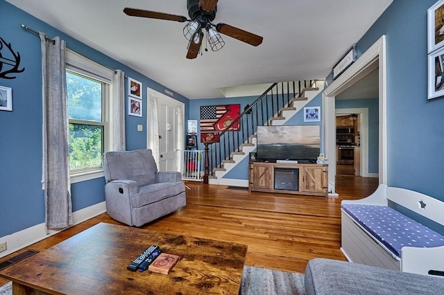 110 Middlefield Rd, Chester, MA 01011 - living room with stairs, ceiling fan, and wood finished floors