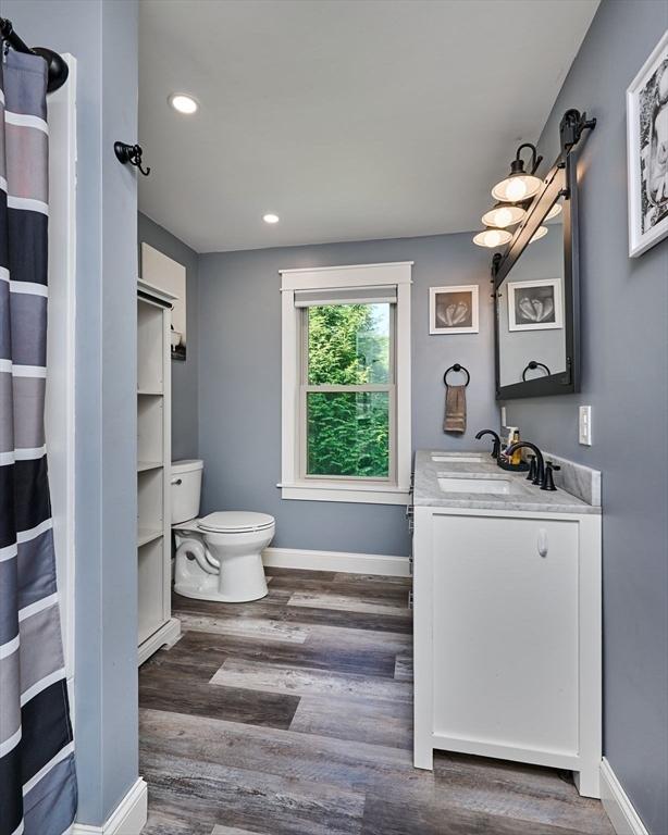 110 Middlefield Rd, Chester, MA 01011 - bathroom with vanity, wood finished floors, recessed lighting, and curtained shower