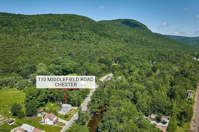 110 Middlefield Rd, Chester, MA 01011 - aerial view of property and surrounding area featuring a heavily wooded area and a mountain backdrop