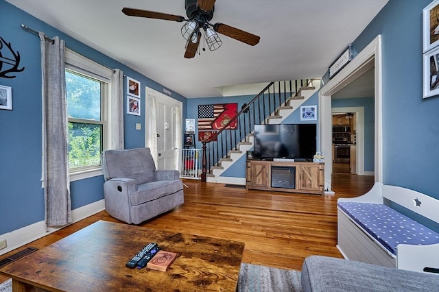 110 Middlefield Rd, Chester, MA 01011 - living room with stairs, wood finished floors, and ceiling fan