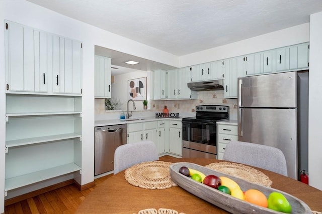 25 Church St Unit 2, Weymouth, MA 02189 - kitchen with appliances with stainless steel finishes, under cabinet range hood, a sink, tasteful backsplash, and light countertops