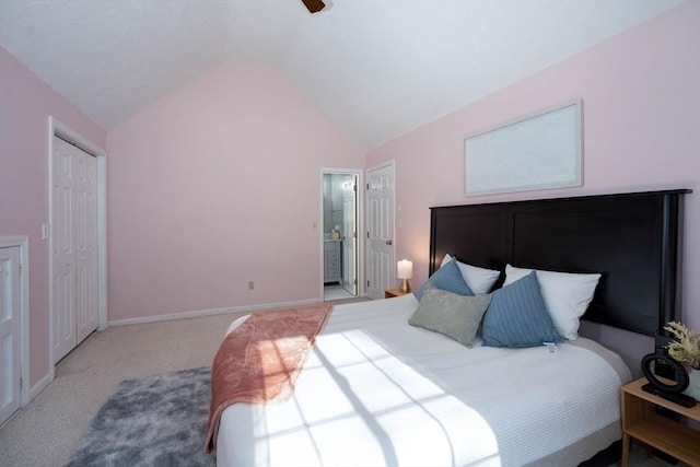 25 Church St Unit 2, Weymouth, MA 02189 - carpeted bedroom featuring lofted ceiling, baseboards, ceiling fan, and ensuite bath