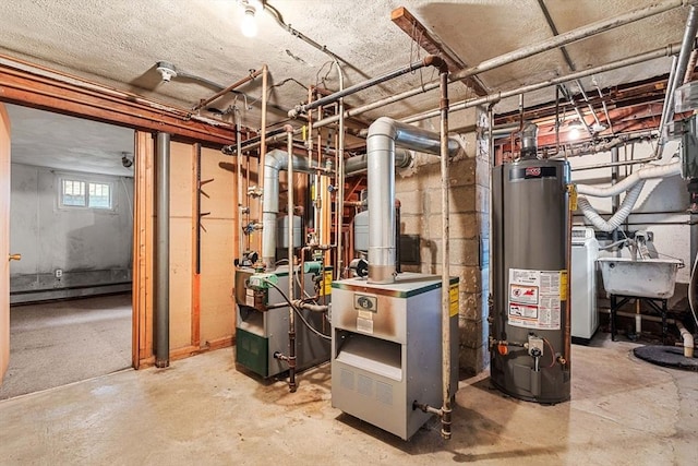 utility room with gas water heater, a heating unit, a sink, and baseboard heating