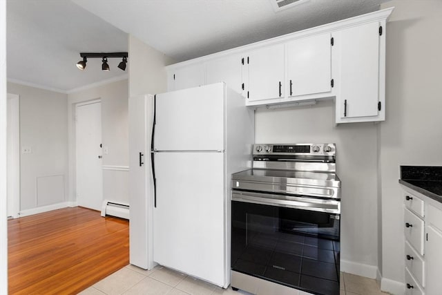 kitchen with a baseboard heating unit, ornamental molding, white cabinets, stainless steel electric stove, and white fridge