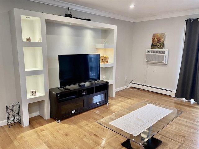 living room featuring built in shelves, light wood-type flooring, a baseboard radiator, and a wall unit AC