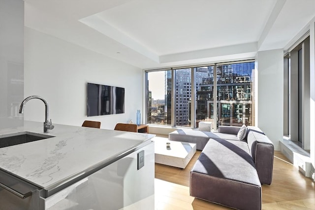 living room with a tray ceiling, sink, expansive windows, and light hardwood / wood-style floors