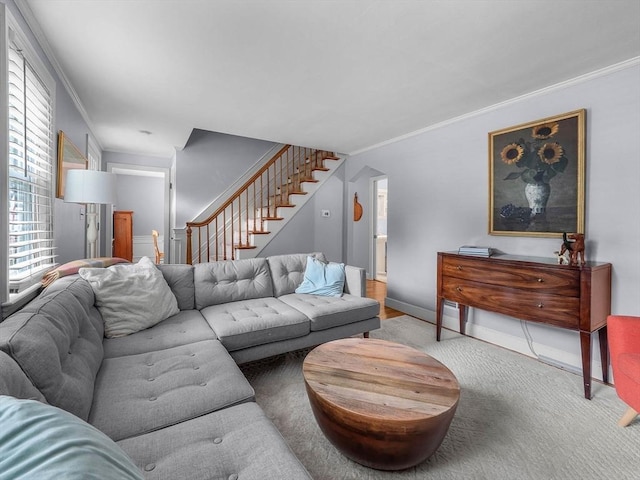 125 Grove St, Norwell, MA 02061 - carpeted living room with stairs and crown molding