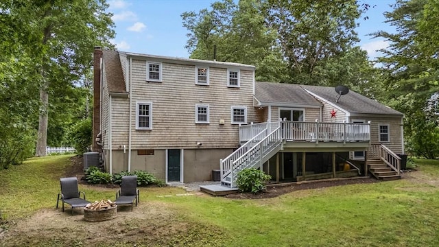 125 Grove St, Norwell, MA 02061 - back of house featuring stairs, a fire pit, a deck, and a chimney