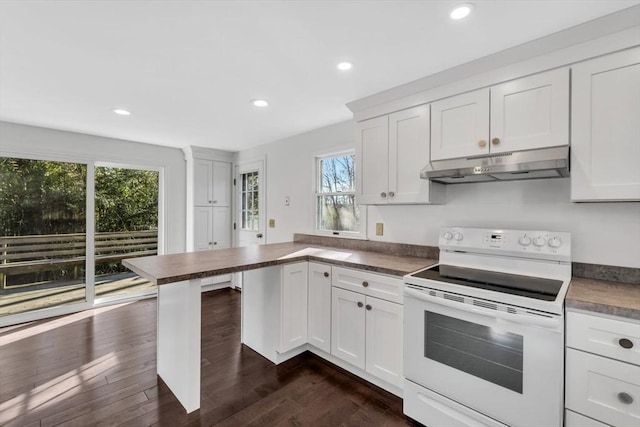 506 Woods Hole Rd, Falmouth, MA 02543 - kitchen featuring electric range, under cabinet range hood, a peninsula, dark countertops, and white cabinets