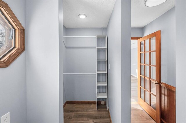 walk in closet with wood finished floors and french doors