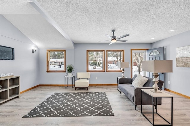 living area with a textured ceiling, wood finished floors, and baseboards