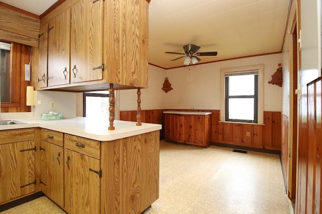 kitchen with crown molding, a ceiling fan, light floors, and a wainscoted wall