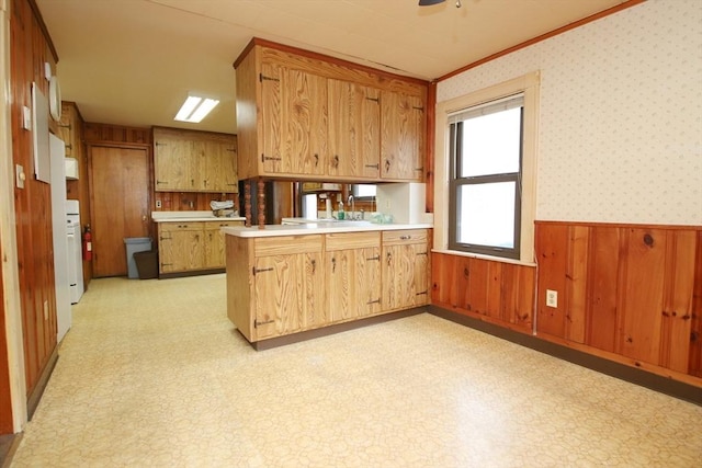 kitchen with wainscoting, light countertops, wood walls, a peninsula, and ornamental molding